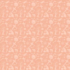 A Pattern With Silhouettes Of Witches, Bats, Cats, Pumpkins and Owls On The Theme Of Halloween