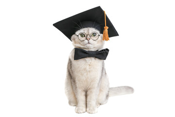 funny cat sits in a black graduation hat, bow tie and glasses, isolated on a white background