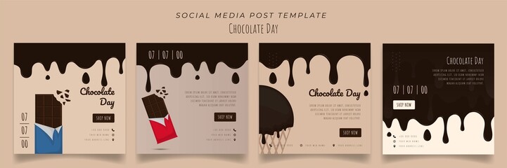 Set of social media post template in brown background and melted chocolate for advertising design - obrazy, fototapety, plakaty
