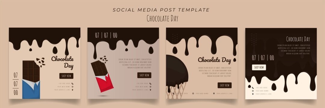 Set of social media post template in brown background and melted chocolate for advertising design