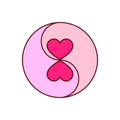 Yin Yang symbol with hearts. Colored vector illustration on a white background. Outline and line style.