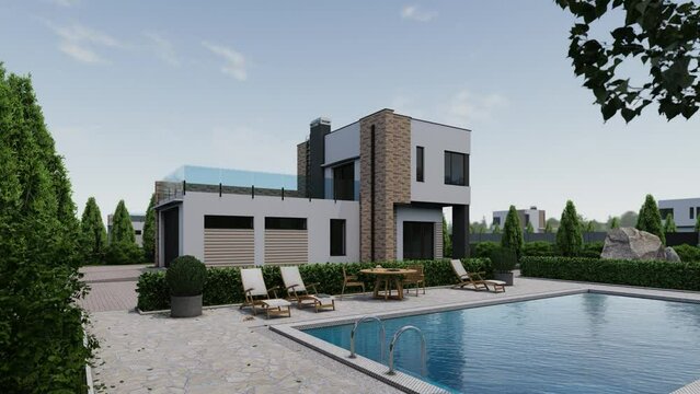 Realistic 3D render of modern white villa real estate house exterior with backyard pool. Day cycle timelapse architectural visualisation cgi.