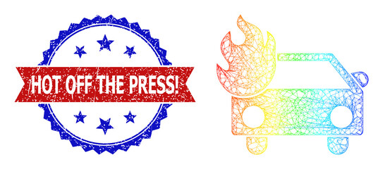 Mesh net car fire frame icon with spectrum gradient, and bicolor grunge Hot Off the Press. watermark. Red stamp includes Hot Off the Press. text inside blue rosette.