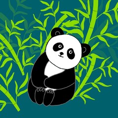 illustration with a sitting cute panda and bamboo,