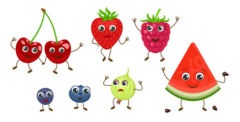Cute berries characters. Collectionof funny food vector illustration. Cartoon happy raspberry, strawberry, blueberry, cherry, bilberry, gooseberry and watermelon. Set of flat Vector illustration.