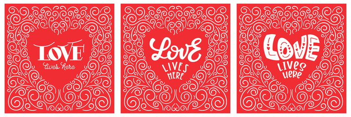 Love lives here - Valentine's Day lettering, quote design in heart shape for craft product, printable card, shirt, mug, wall arts stencil, wedding photo wall.