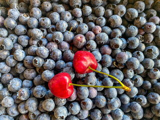 two cherries and blueberries
