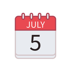 Calendar icon of 5 July. Date and month. Flat vector illustration..