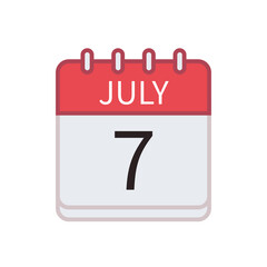 Calendar icon of 7 July. Date and month. Flat vector illustration..