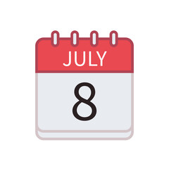 Calendar icon of 8 July. Date and month. Flat vector illustration..