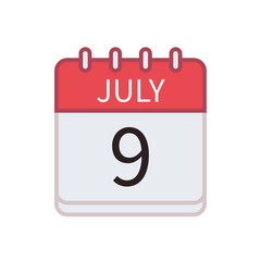 Calendar icon of 9 July. Date and month. Flat vector illustration..