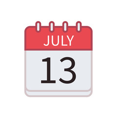 Calendar icon of 13 July. Date and month. Flat vector illustration..