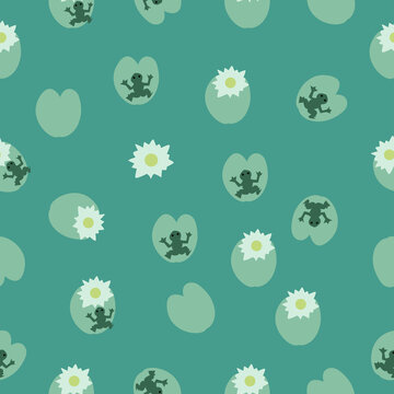 Seamless pattern with the image of water lilies, frogs and flowers on a pond