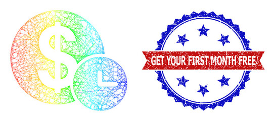 Mesh net dollar credit wireframe illustration with spectral gradient, and bicolor dirty Get Your First Month Free seal stamp. Red stamp seal has Get Your First Month Free tag inside blue rosette.