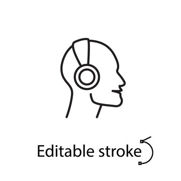 Headphones on man head outline icon. Music listening. Editable stroke. Isolated vector stock illustration
