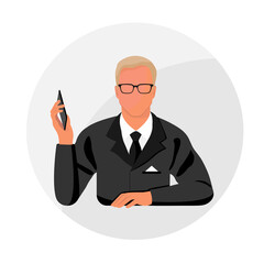 Vector Icon  of Businessman. Image avatar man in black suit with glasses and smartphone. Flat Illustration.