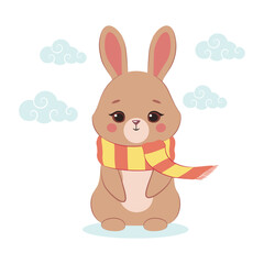 Cute rabbit with a scarf. Fluffy bunny cartoon. Vector illustration.