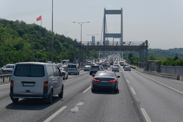 Cars on the bridge. Going to Europe from the Asian side of Istanbul city