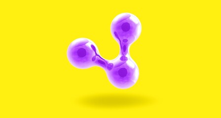 Trendy violet atom model on yellow background.3d Illustration of molecules. Chemical h2o structures.Brighter bubbles.Collagen circular.