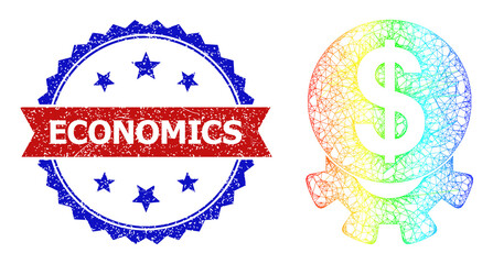 Network financial industry carcass icon with rainbow gradient, and bicolor unclean Economics stamp. Red stamp seal includes Economics tag inside blue rosette.