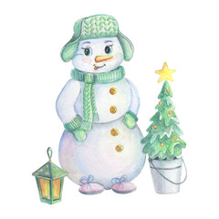 Watercolor handdraw illustration of cute snowman with christmas tree and light
