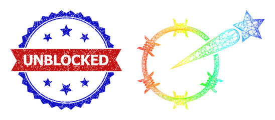 Net freedom carcass icon with spectral gradient, and bicolor dirty Unblocked seal stamp. Red stamp seal includes Unblocked text inside blue rosette. Vibrant frame net freedom icon.
