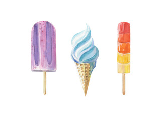 Watecolor illustrations of tasty ice-cream - summer food set