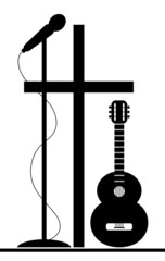 Musical instruments and cross. Symbolic image of modern Сhristian music, chants, psalms