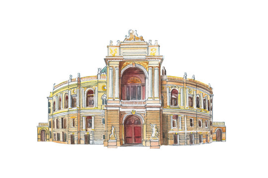 Watercolor illustration of Opera House in Odesa, Ukraine. Art of baroque architecture. Beautiful European building.