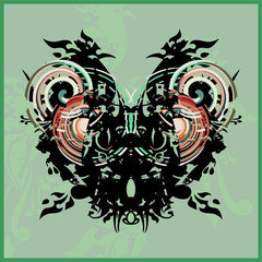 Butterfly wings with parrot patterns and colored spiral elements. Grungy scary butterfly for fabric, prints, textiles, cards, wallpaper, fashion, embroidery, posters, emblems on the shields, etc.