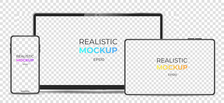 Realistic device mockup. Laptop, phone, tablet with white screen in realistic style. Digital devices screen template. Vector illustration