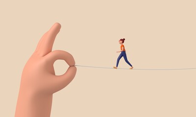 Person balancing on a tightrope held between two hands. 3D Rendering
