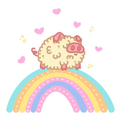 Fluffy pig standing on rainbow. Kawaii character. Fantasy animal with hearts. Vector illustration isolated on white background.