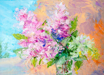 Naklejka na ściany i meble Spring flower bouquet in glass vase. Oil painting on canvas