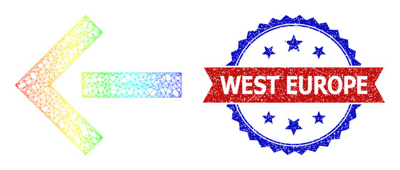 Crossing mesh move left framework icon with spectrum gradient, and bicolor rubber West Europe seal. Red stamp includes West Europe caption inside blue rosette. Bright frame mesh move left icon.