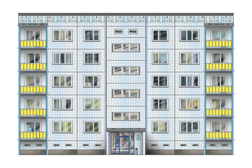 High-rise building constructed of large, prefabricated concrete slabs. Old style. Facade. Vector illustrations isolated on white background. © Anna