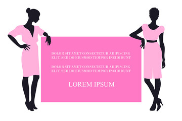 Silhouettes of two girls with a poster. Template for banner, presentation, poster, flyer. Vector flat illustration. Pink design.