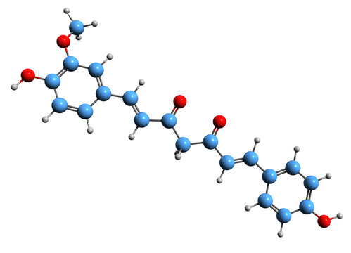  3D image of Desmethoxycurcumin skeletal formula - molecular chemical structure of  curcuminoid isolated on white background
