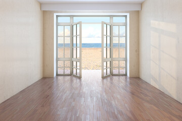 Unfurnished Hotel Room with Sea View near the Beach. Empty Room with Open Doors Overlooking the Ocean, Yellow Sand and Clouds. Dark Parquet Flooring and a Beige Stucco Walls. 3d rendering. 8K Ultra HD