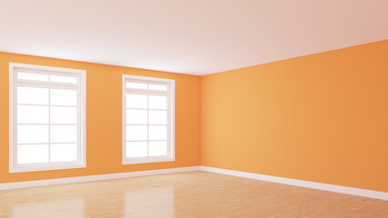 Empty Interior with Light Orange Walls, Two Large Windows, Light Glossy Parquet Flooring and a White Plinth. Perspective View. 3D illustration with a Work Path on the Windows. 8K Ultra HD, 7680x4320