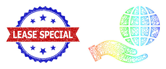 Net mesh peace care hand frame icon with rainbow gradient, and bicolor rubber Lease Special seal. Red seal includes Lease Special title inside blue rosette. Bright frame net peace care hand icon.