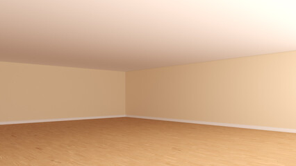 Unfurnished Interior Corner with Beige Walls, White Ceiling, Light Parquet Floor and a White Plinth. Concept of the Empty Room Interior. Perspective View. 3D Render, Ultra HD 8K, 7680x4320, 300 dpi