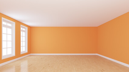 Fototapeta premium Beautiful Empty Orange Room with Two Windows, Light Parquet Floor and a White Plinth. Perspective View. Unfurnished Interior concept. 3D render with a Work Path on the Windows. 8K Ultra HD, 7680x4320