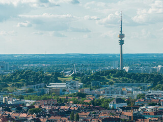 View of the Olympic Stadium and the Fernsehturm in Munich, Germany
