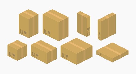 isometric cardboard box packages set vector flat illustration