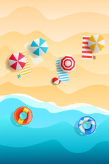 Fototapeta na wymiar Summer banner with beach towels, umbrellas and liferings on the beach near the sea for tropical summer holiday vacation wallpaper, billboard or summer sale banner