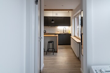 View from the hall to a modern kitchen with black kitchen cabinets. Wooden floor and white walls