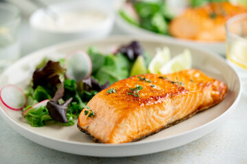 Grilled salmon fillet and fresh vegetable salad. Mediterranean diet. 