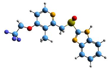  3D image of Dexlansoprazole skeletal formula - molecular chemical structure of  proton pump inhibitor isolated on white background
