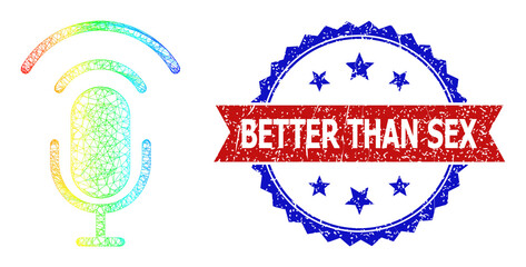 Net podcast framework icon with spectral gradient, and bicolor textured Better Than Sex stamp. Red stamp has Better Than Sex text inside blue rosette. Vibrant carcass net podcast icon.